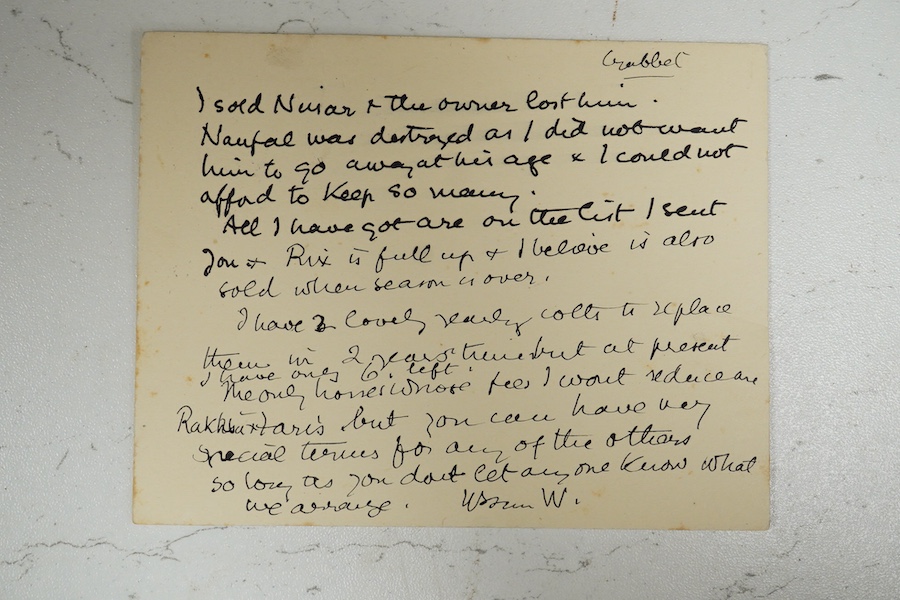 Archive of the Courthouse Farm Stud, Offham near Lewes and the Clark family, 1900-2014, including an important series of letters from Lady Anne Blunt at the Sheyk Obeyd Stud, Ain Shems, Egypt, 1912-1917, and her daughter